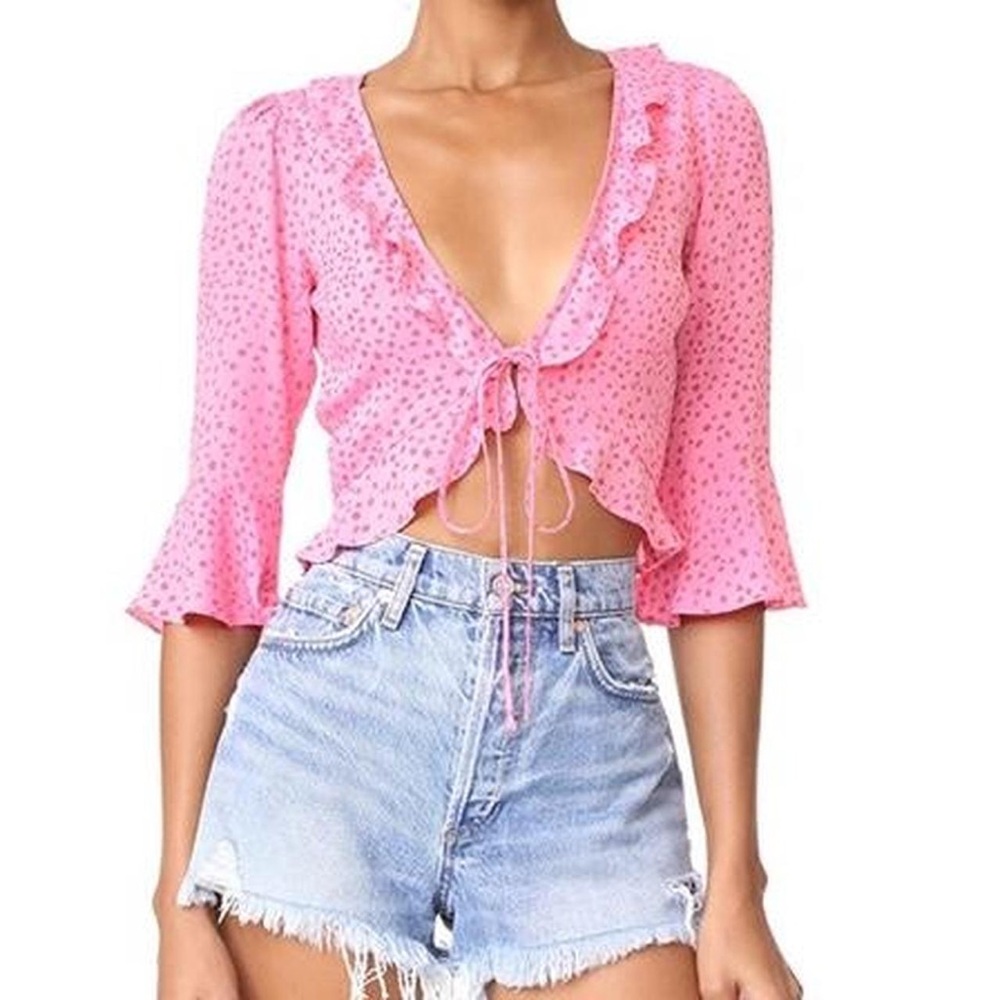 For Love & Lemons Pink Ruffle Star Tie-Front Top